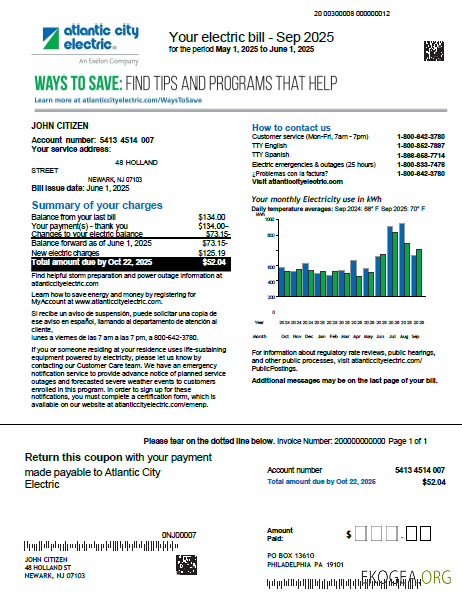 USA Atlantic City Electric utility bill template in Word and PDF formats, version 2